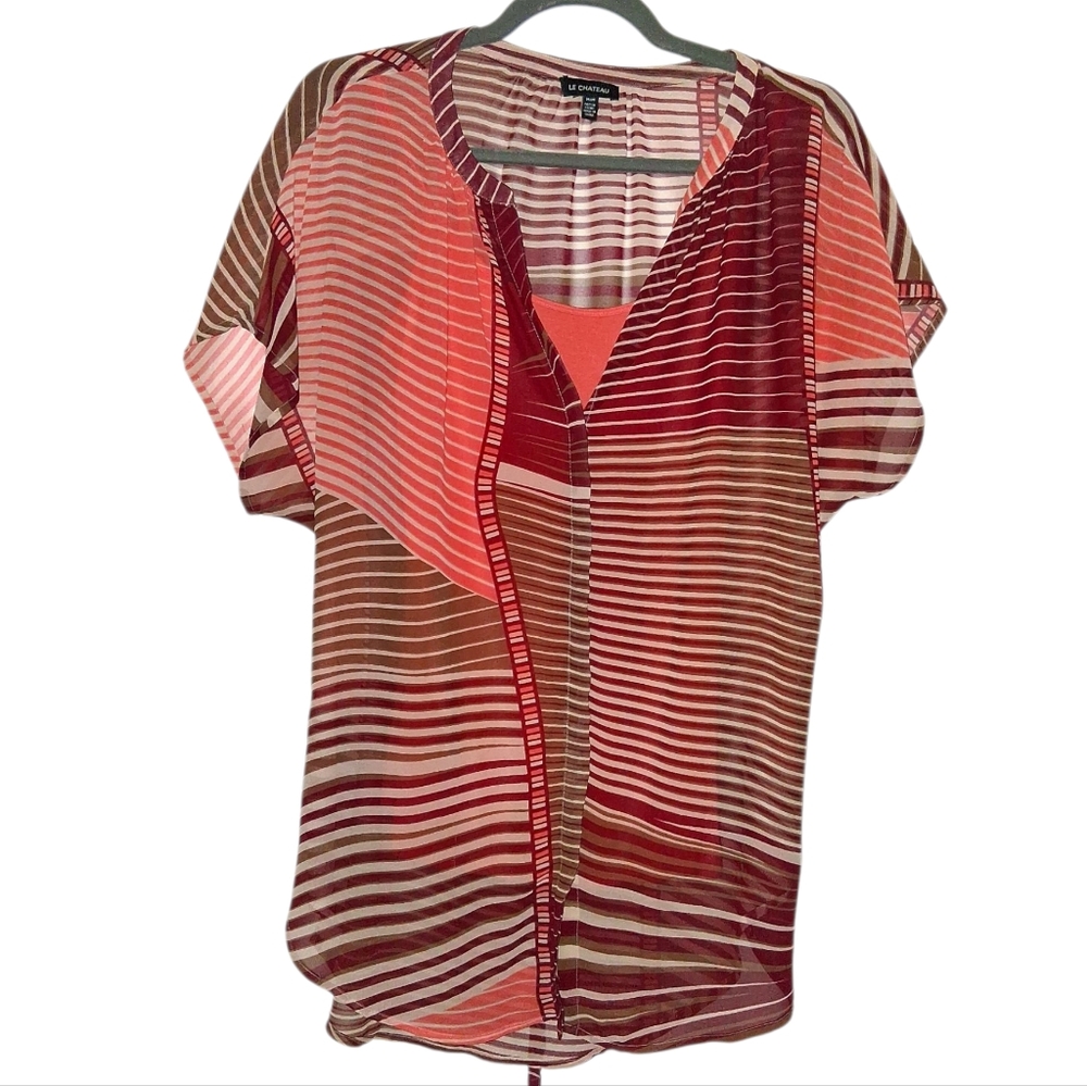 Le Chateau Blouse Camisole Set Sheer Button Up V-neck Striped women’s Size M